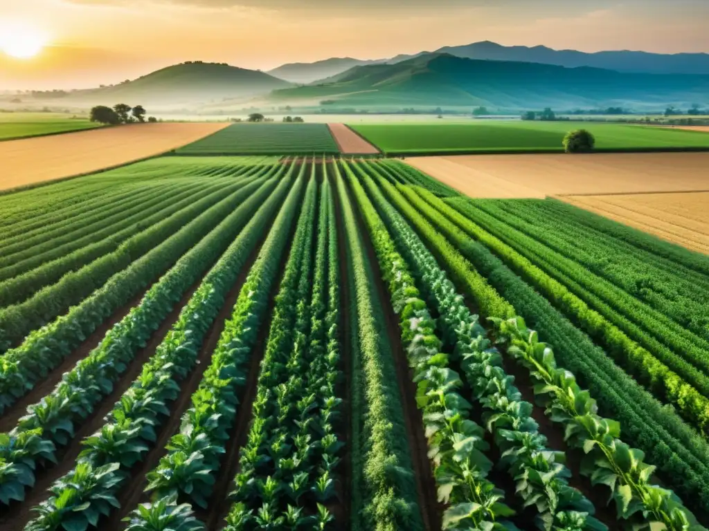 Un agricultor solitario trabaja en un extenso campo verde al atardecer, transmitiendo armonía y dedicación