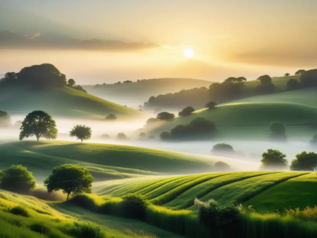 Un amanecer brillante sobre un paisaje verde y tranquilo