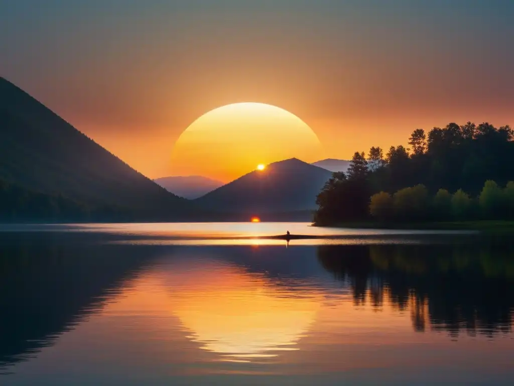 Un amanecer sereno sobre un lago tranquilo, reflejando los vibrantes colores del amanecer