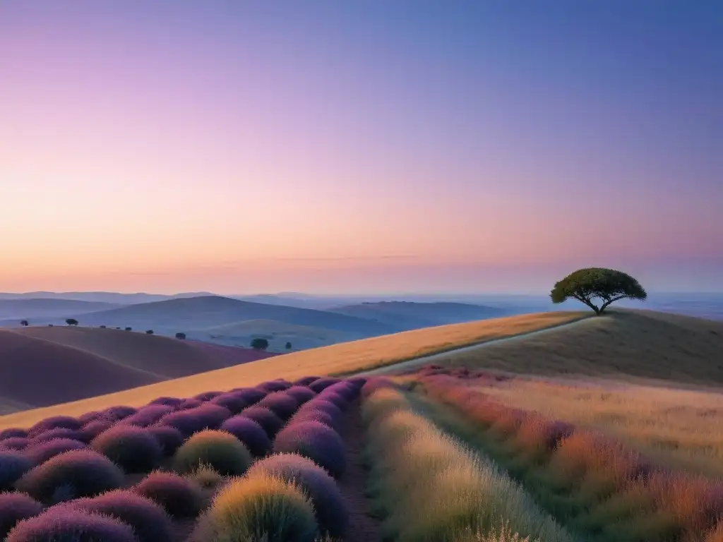 Un amanecer sereno sobre un paisaje tranquilo y virgen, con una cálida luz iluminando el horizonte