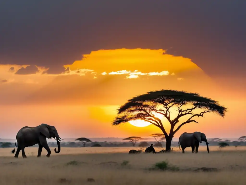 Un amanecer sereno en la sabana africana con elefantes y un árbol solitario