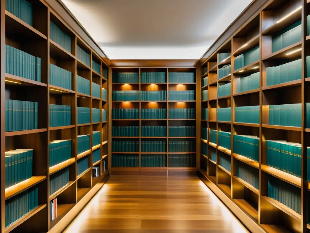 Biblioteca austera con tratados de economía y derecho de propiedad intelectual Un ambiente sereno y académico en una biblioteca austera, con estantes llenos de tratados de economía austriaca y libros de propiedad intelectual