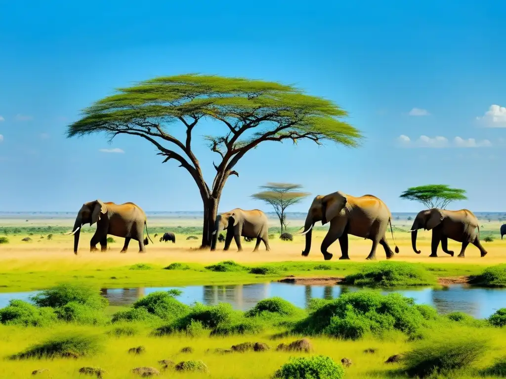 Amplia sabana africana con elefantes, bajo cielo azul intenso
