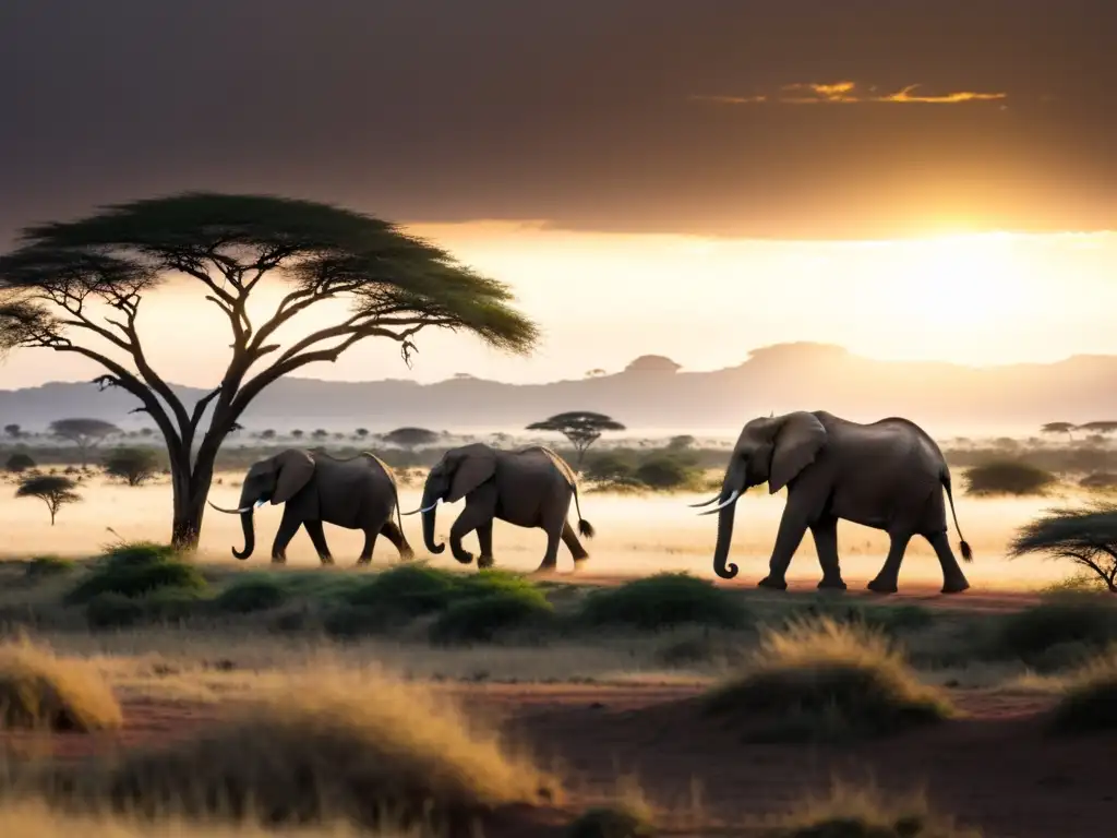 Amplia sabana africana con elefantes al atardecer