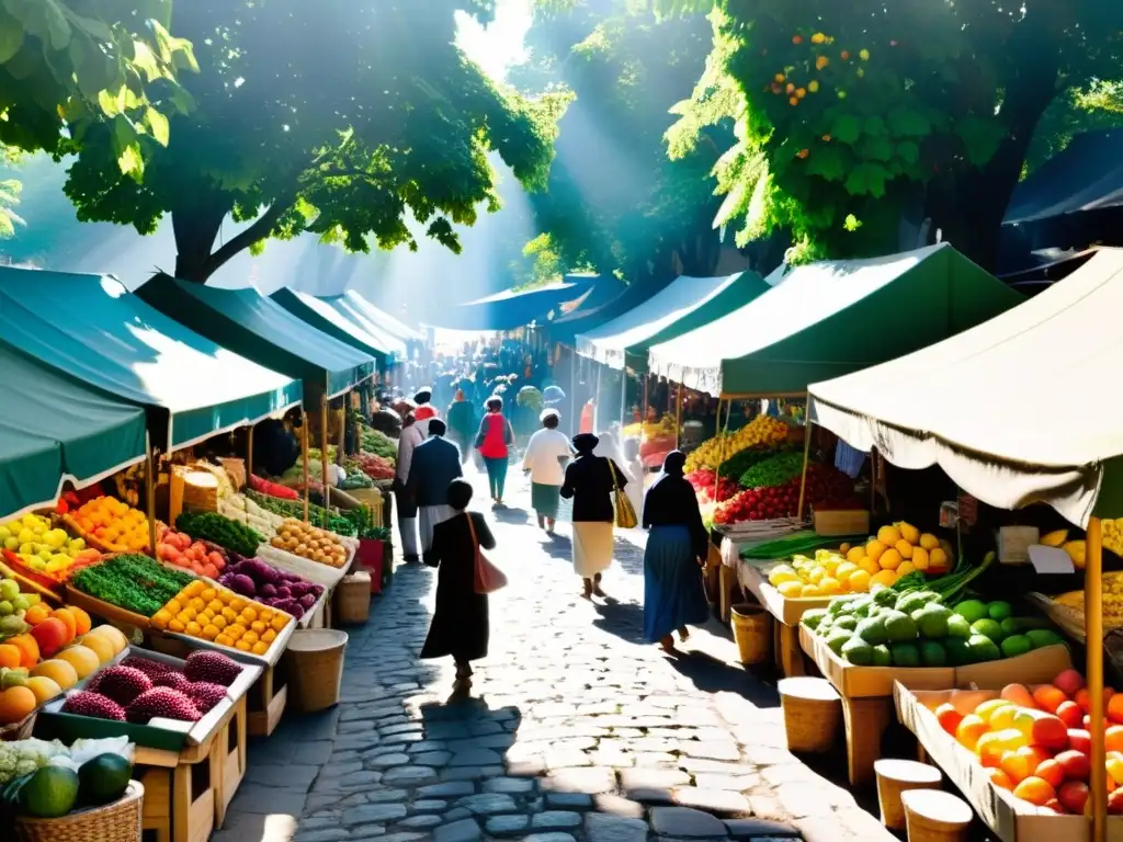 Una animada escena de mercado con vendedores y clientes, frutas y verduras coloridas bajo la luz del sol