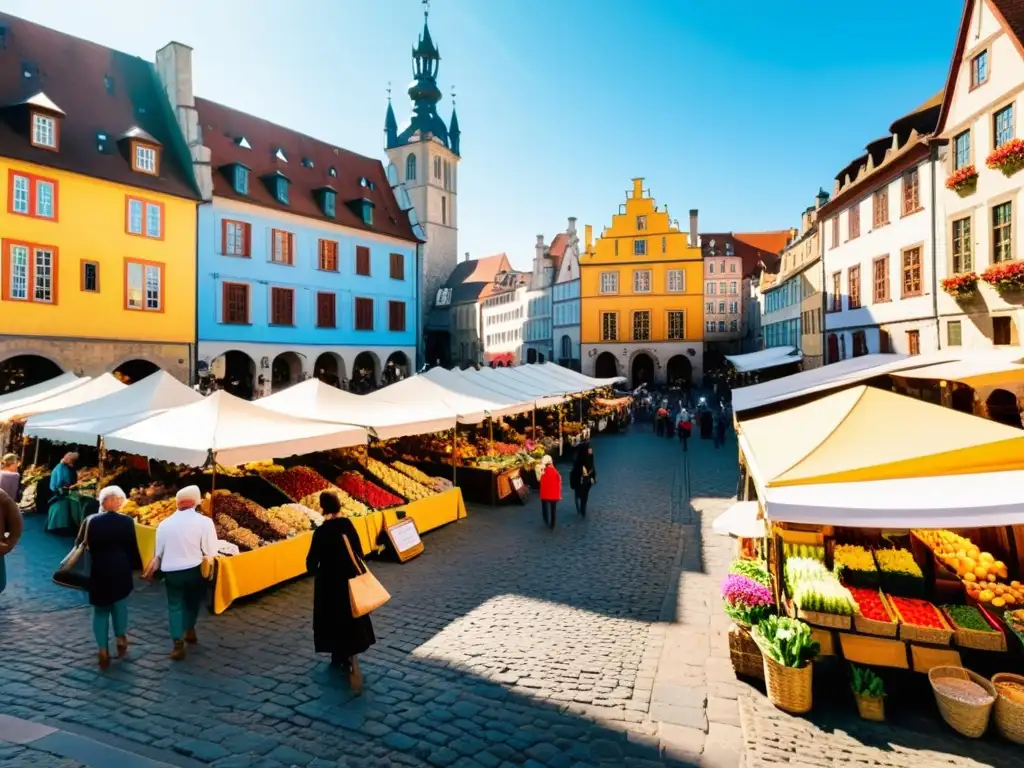 Animado mercado en una ciudad europea histórica, con edificios medievales coloridos y calles empedradas