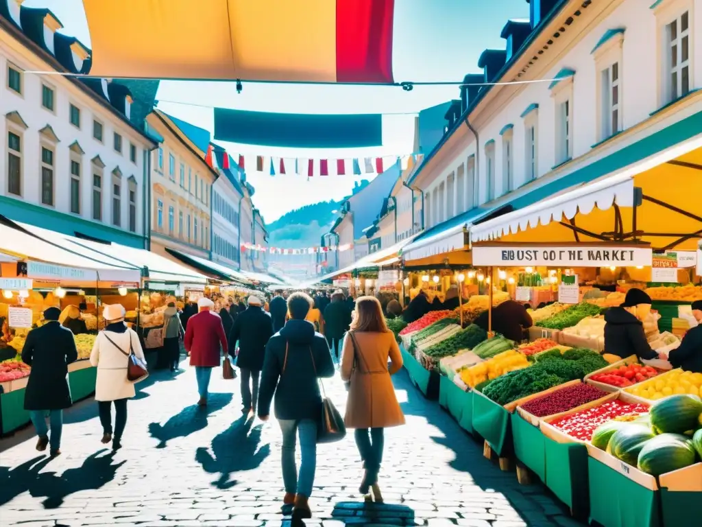 Un animado mercado con puestos y gente en actividades económicas, capturando la interpretación austriaca de señales del mercado