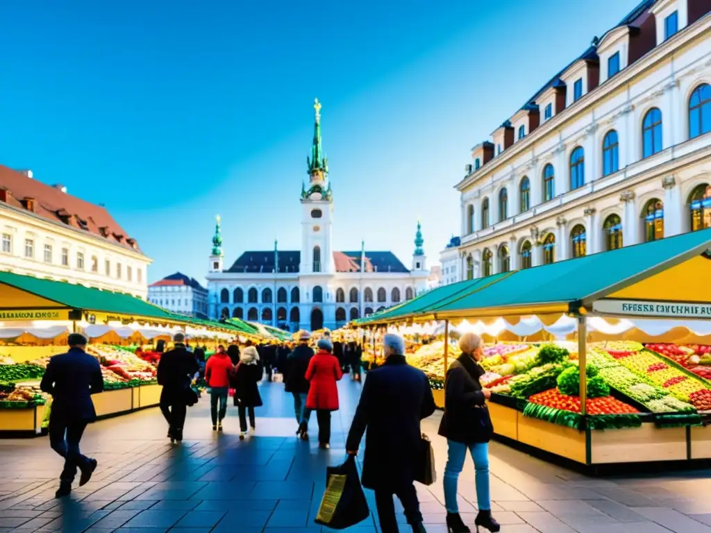 Un animado mercado en Viena, Austria, reflejando la Teoría de la Ventaja Comparativa en el Capitalismo Austriaco