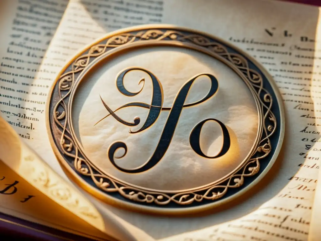 Pergamino vintage con caligrafía detallada y sello de cera Una antigua carta con caligrafía detallada y sello de cera, iluminada con suavidad