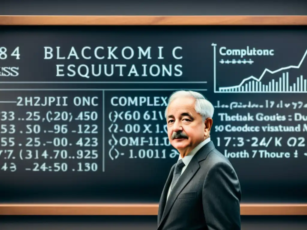 Un antiguo pizarrón cubierto de ecuaciones económicas y algoritmos de IA, fusionando la teoría de Mises con herramientas de predicción