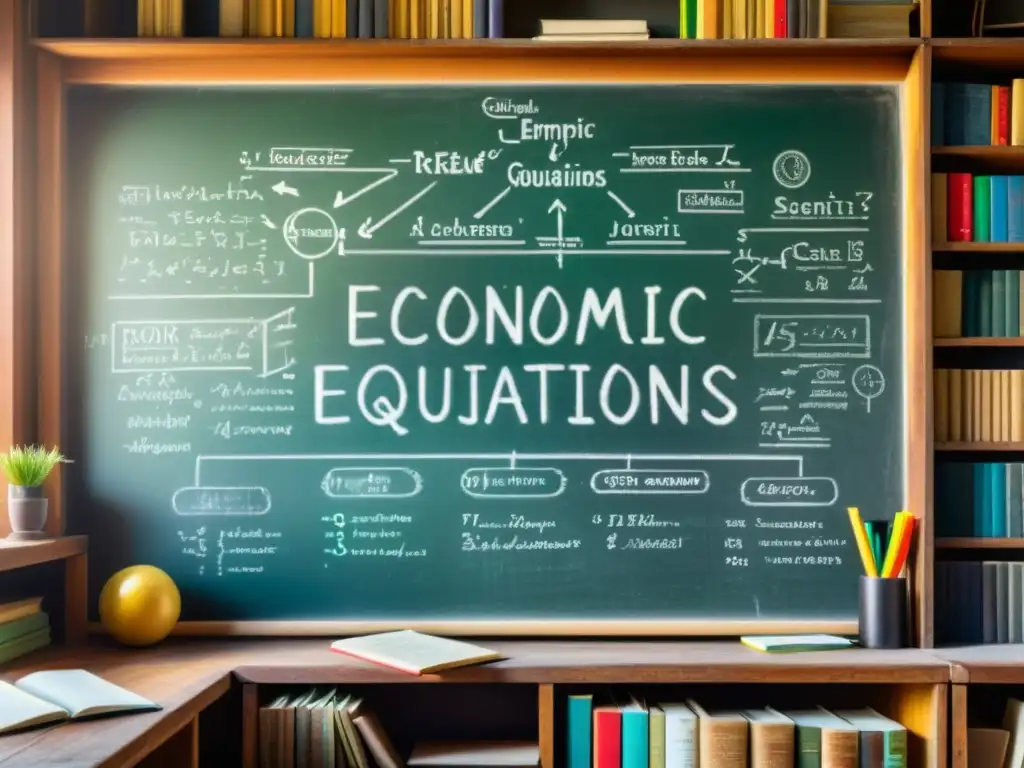 Un antiguo pizarrón lleno de ecuaciones económicas y diagramas, rodeado de libros viejos, crea una atmósfera académica nostálgica