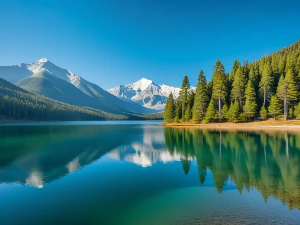 Un apacible lago rodeado de altos pinos y montañas nevadas bajo un cielo azul