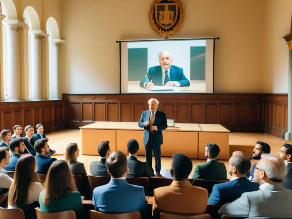 Ludwig von Mises imparte una apasionada conferencia en la Universidad de Viena, rodeado de estudiantes atentos, en el papel de la Escuela Austriaca