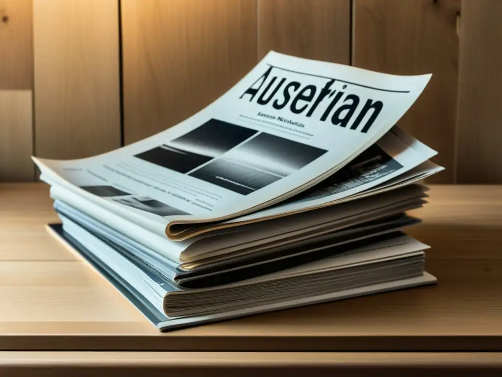 Apilamiento ordenado de revistas del siglo XX economía austriaca en un escritorio de madera iluminado por luz natural