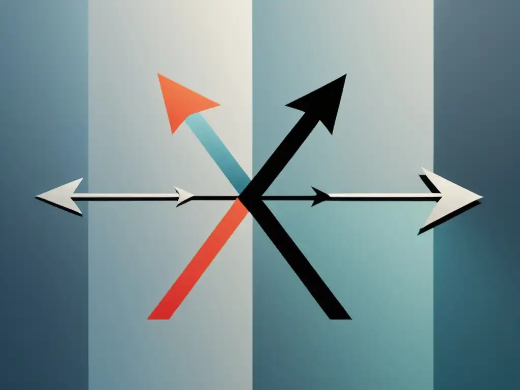 Armonía de perspectivas económicas: flechas convergentes representan el rol del Estado en la economía, en una imagen minimalista y serena