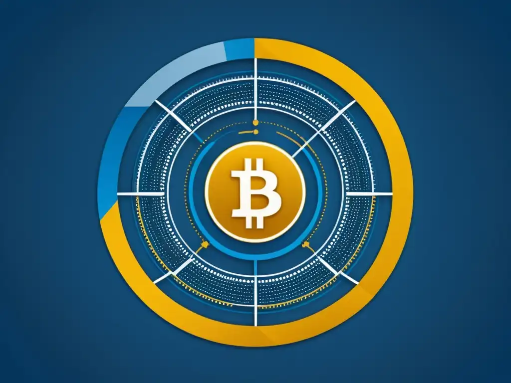 Arte digital minimalista que representa la compleja relación entre la Teoría Austriaca, ciclos económicos y criptomercados, en tonos azules y dorados