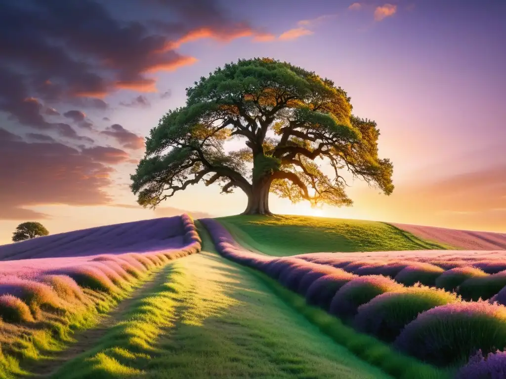 Un atardecer dorado sobre un campo de hierba verde, con un solitario roble