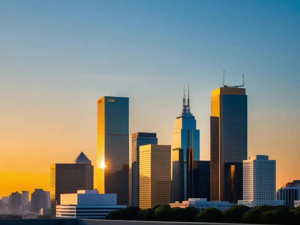 Un atardecer dorado sobre una ciudad moderna y elegante, con rascacielos bañados por la cálida luz del sol