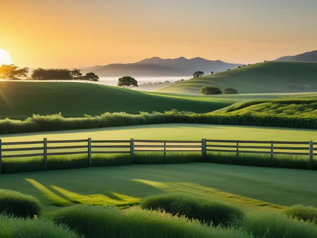 Un atardecer dorado ilumina una pradera verde con cercas de madera