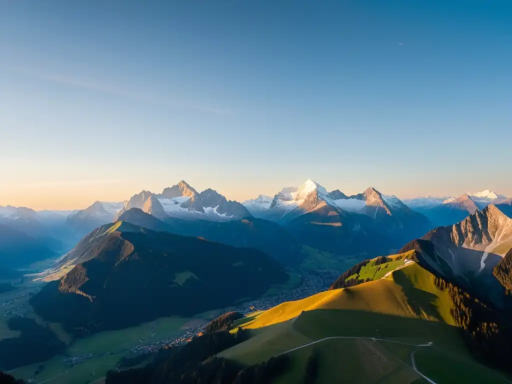 Un atardecer sereno en los Alpes austriacos, con la última luz del sol iluminando las cumbres nevadas