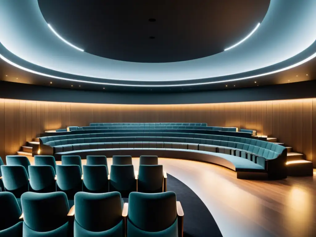 Un auditorio moderno y minimalista con líneas curvas y una iluminación suave, listo para eventos influyentes Escuela Austriaca