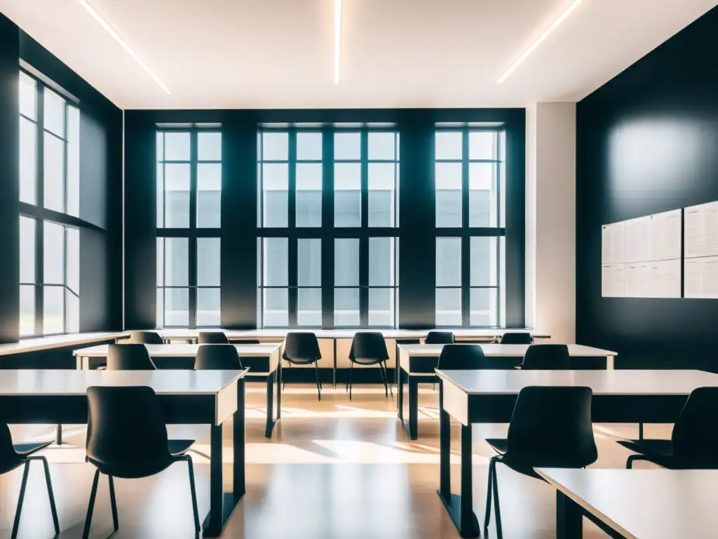 Una aula minimalista en blanco y negro con muebles modernos y limpios