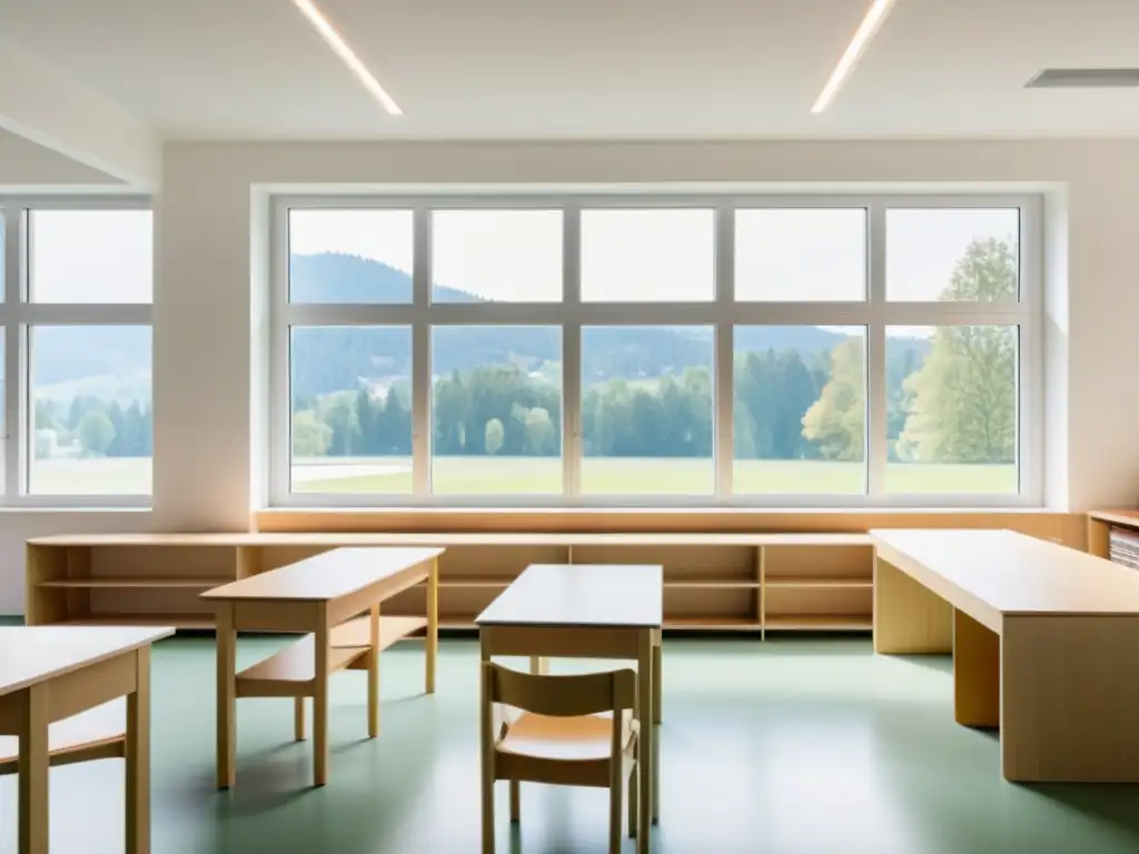 Un aula minimalista en una escuela austriaca, con mobiliario moderno y luz natural