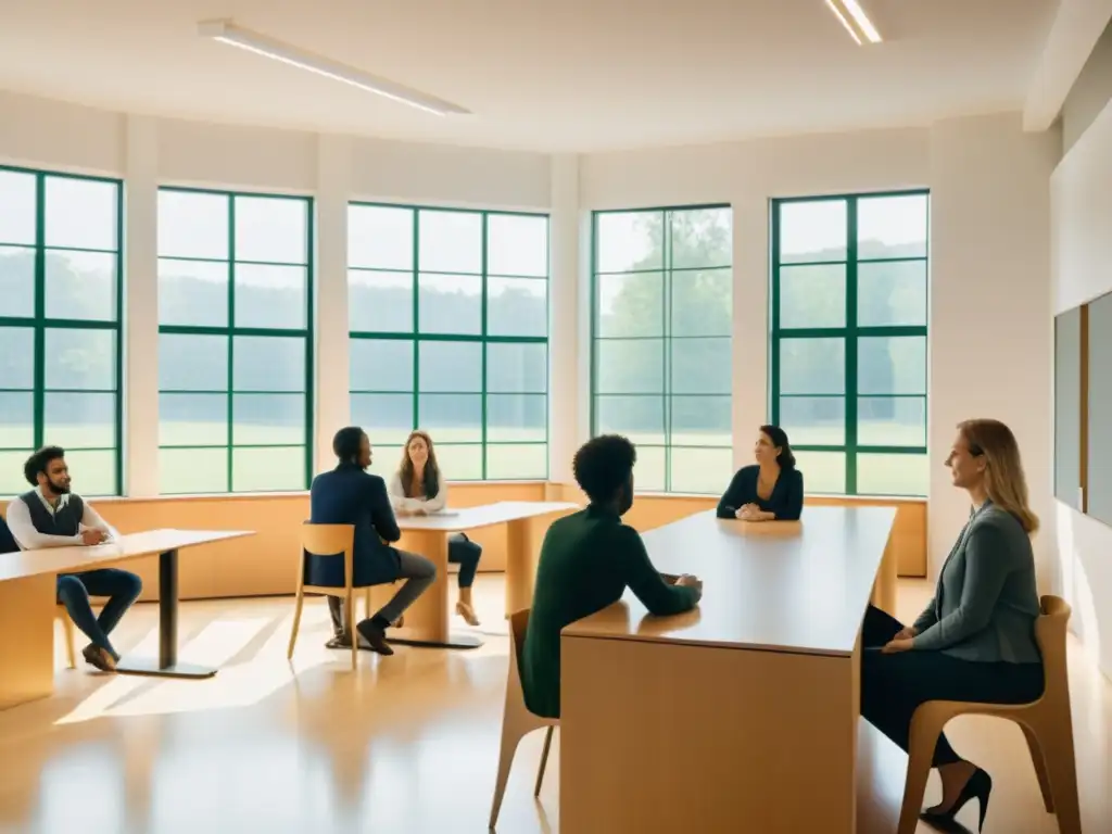 Salón de clase sereno con estudiantes participativos Una aula serena y minimalista con luz natural iluminando a alumnos diversos participando en una animada discusión, reflejando el individualismo metodológico en la Escuela Austriaca