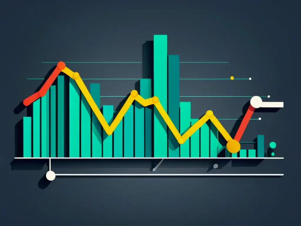 Interpretación austriaca de señales del mercado en ilustración minimalista de gráfico bursátil con líneas interconectadas y colores dinámicos