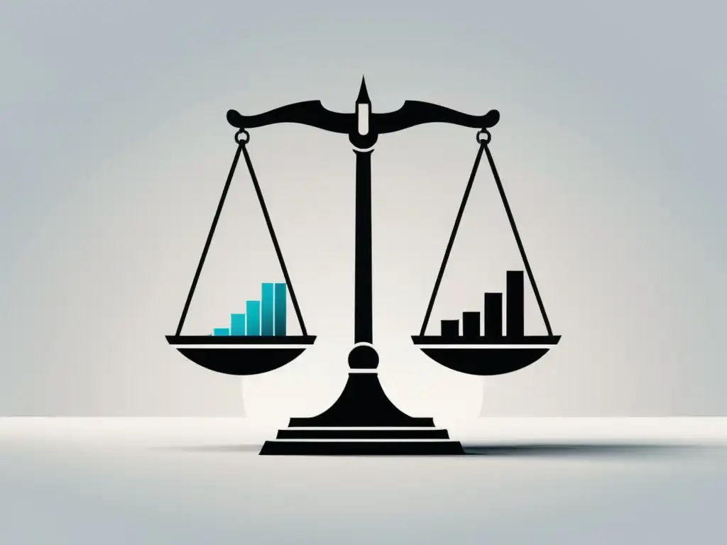 Balance del rol del Estado en la economía: ilustración minimalista de una balanza con edificios gubernamentales de un lado y diferentes industrias y negocios del otro, en un fondo blanco