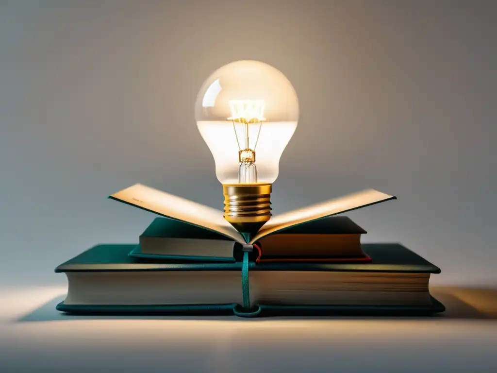 Equilibrio intelectual: libros y luz en la escuela austriaca Una balanza elegante muestra el equilibrio entre propiedad intelectual en la Escuela Austriaca, con libros y una bombilla