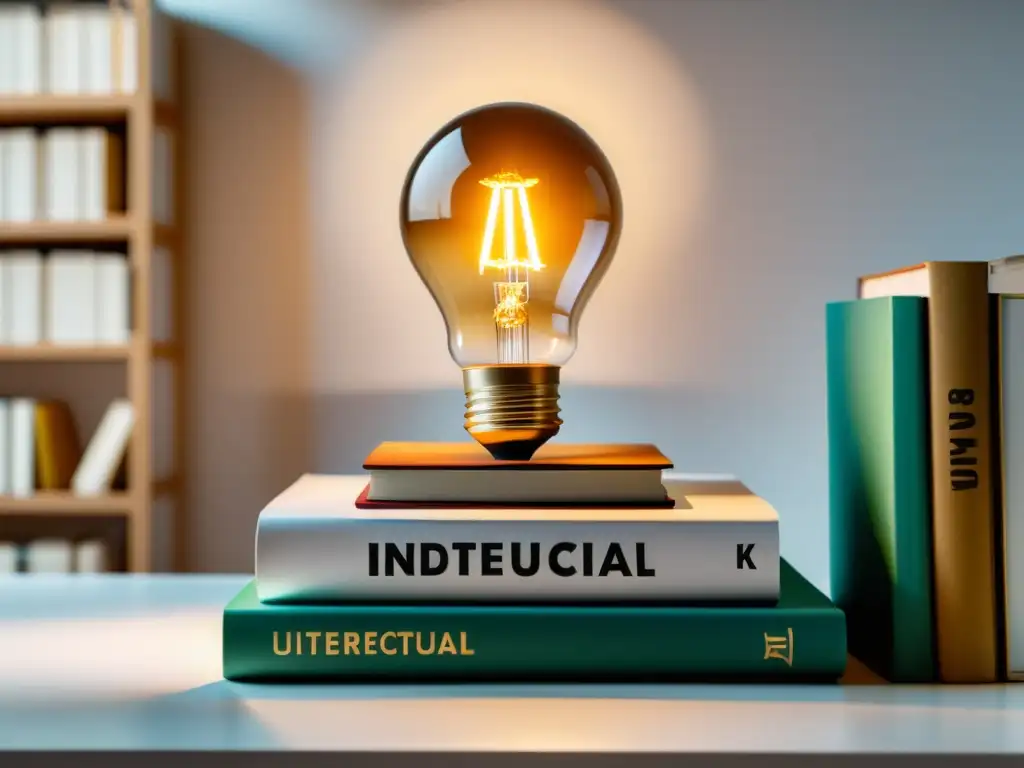 Una balanza con libros de un lado y productos creativos del otro, reflejando equilibrio y ética propiedad intelectual desde moral austriaca
