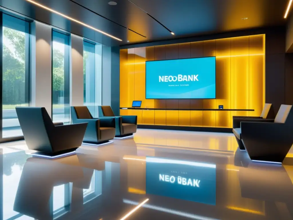 Un banco neobancario futurista con diseño minimalista, transparencia y tecnología de vanguardia