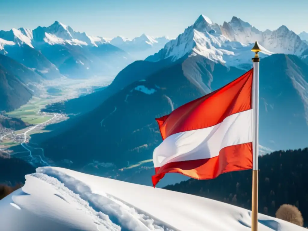 Bandera austriaca ondeando frente a imponentes montañas nevadas, capturando la respuesta austriaca a recesiones económicas