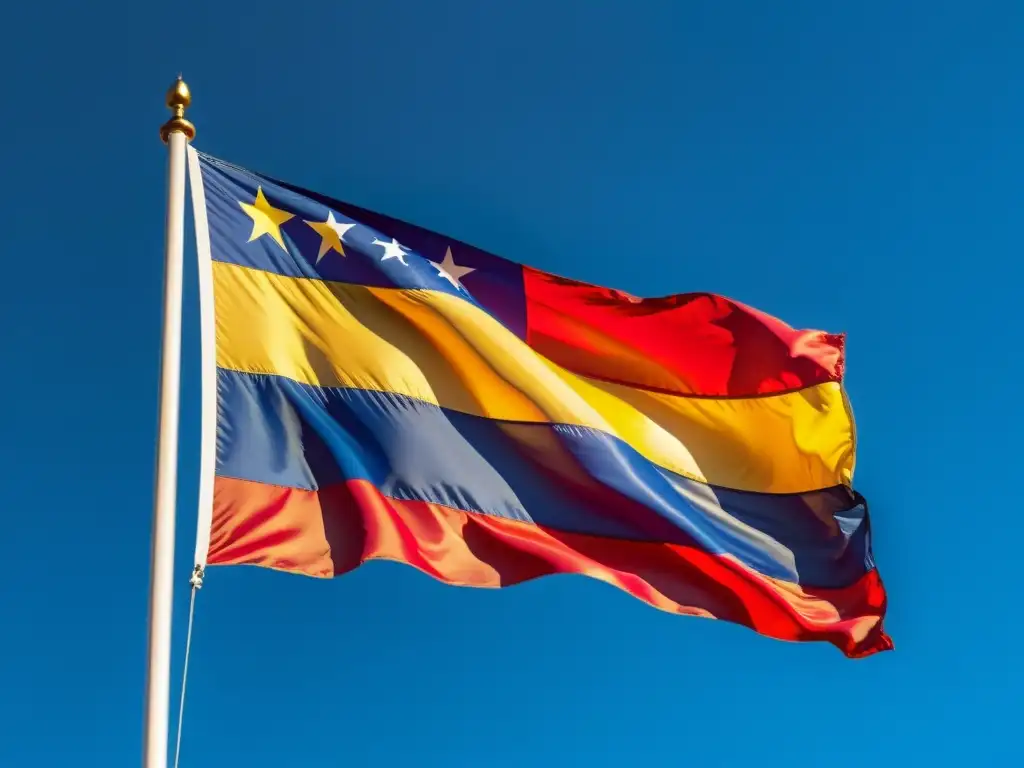 Bandera de Venezuela ondeando bajo el sol, símbolo de esperanza y resiliencia ante la crisis económica