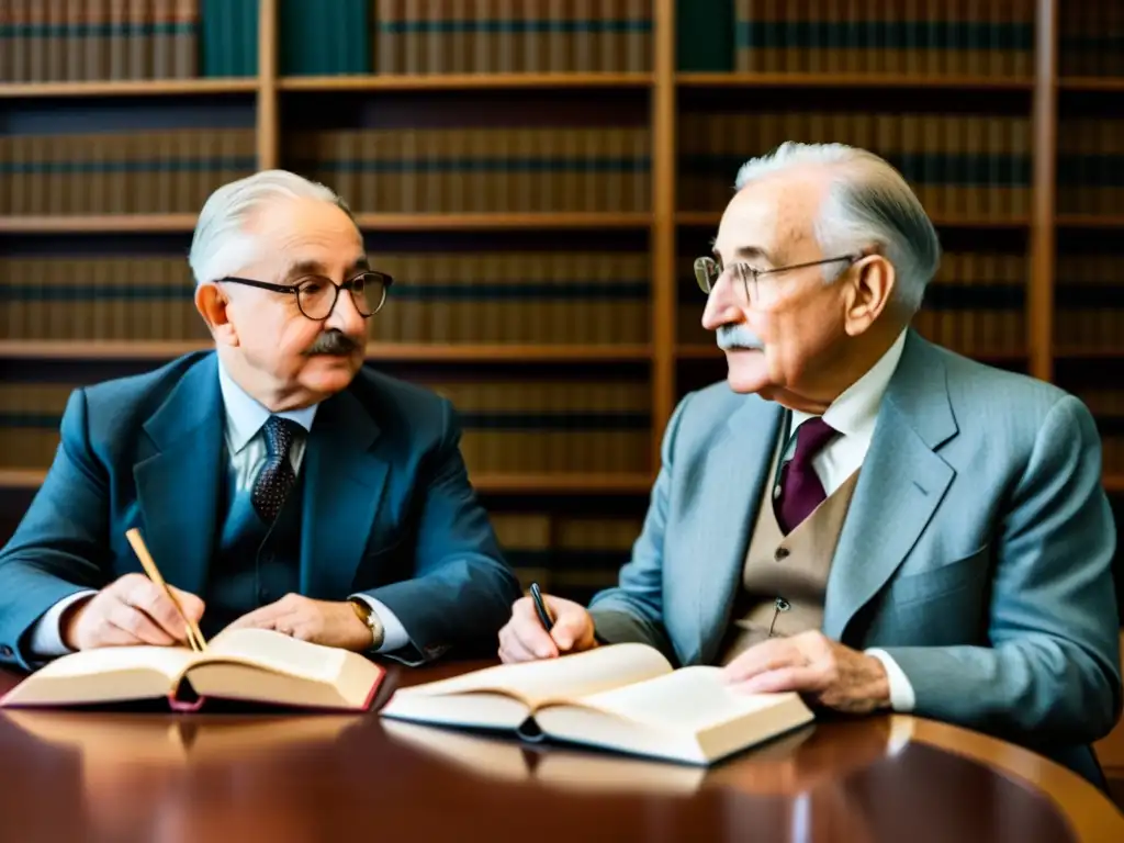 Ludwig von Mises y Friedrich Hayek conversan en una biblioteca austera, mostrando la profundidad de la perspectiva austriaca banca central dinero