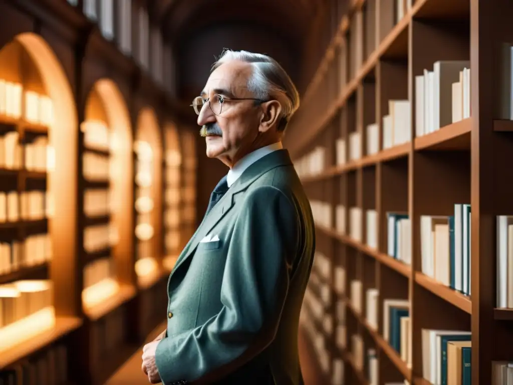 Friedrich Hayek reflexiona en una biblioteca iluminada, rodeado de libros