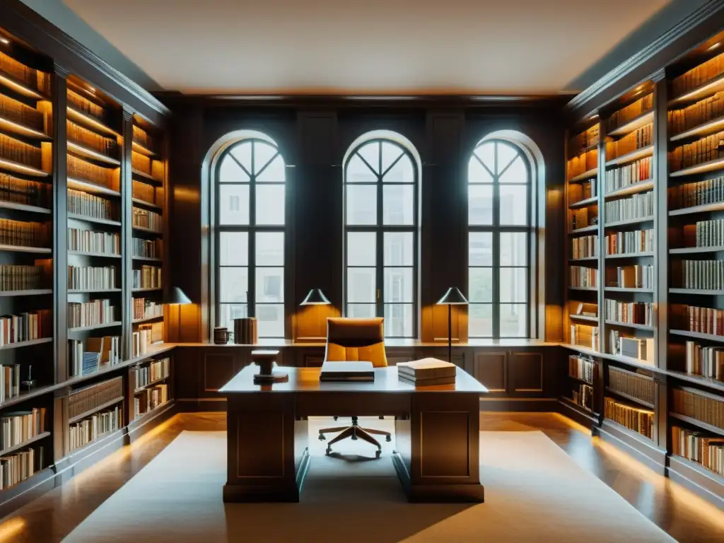 Una biblioteca minimalista y elegante con libros de la Escuela Austriaca de Economía, bañada en cálida luz natural