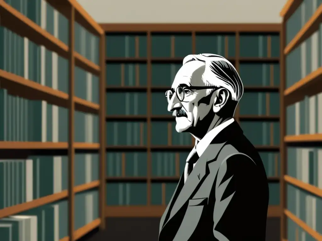 Friedrich Hayek reflexiona en una biblioteca minimalista, rodeado de libros