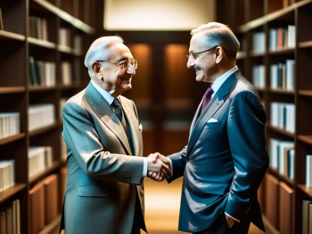 Ludwig von Mises y Friedrich Hayek se saludan en una biblioteca tenue, rodeados de libros y papeles