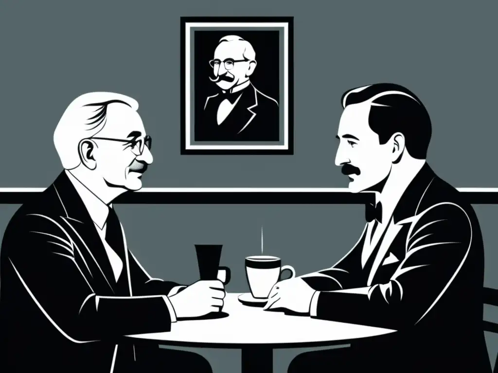 Ilustración en blanco y negro de Ludwig von Mises y Friedrich Hayek debatiendo en una cafetería vienesa