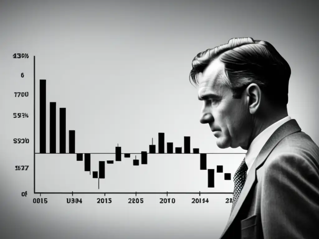 Gráfica en blanco y negro de la crisis financiera con inversor preocupado