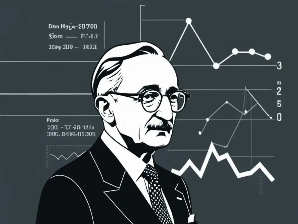 Ilustración en blanco y negro de Friedrich Hayek frente a un complejo gráfico económico, rodeado de símbolos y gráficos flotantes