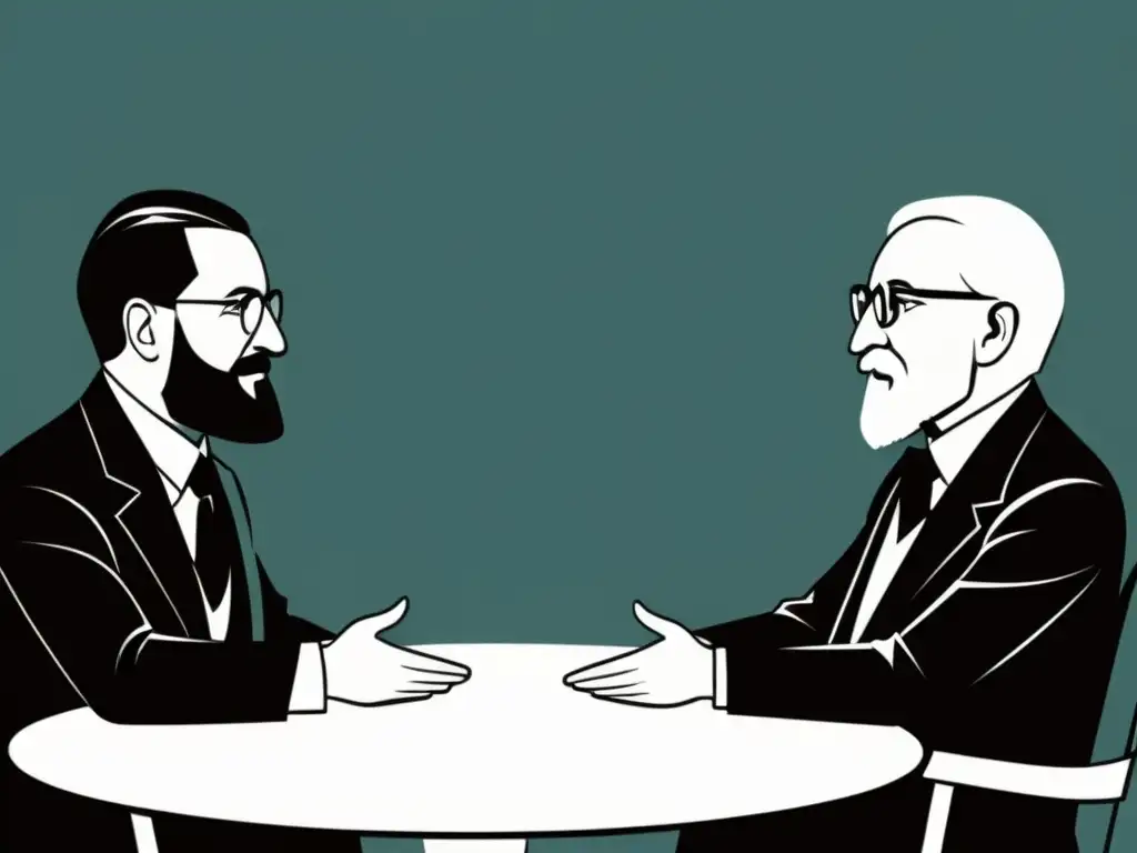 Ilustración en blanco y negro de Menger, Mises y Hayek debatiendo en una mesa, reflejando el auge del Socialismo y Escuela Austriaca