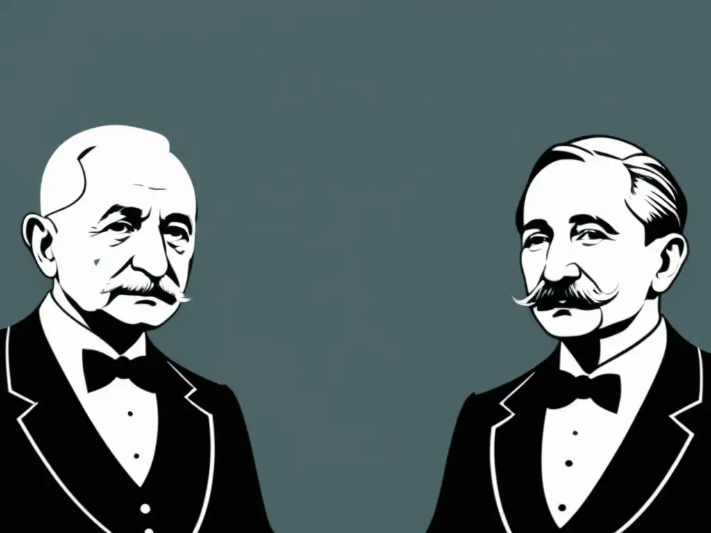 Representación en blanco y negro de Mises, Hayek y Menger en profunda discusión, evocando la influencia de la Escuela Austriaca