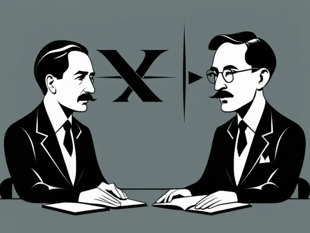 Ilustración en blanco y negro de Keynes y Hayek debatiendo, rodeados de elementos simbólicos