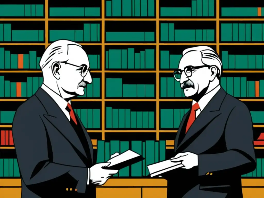 Ilustración en blanco y negro de Ludwig von Mises y Friedrich Hayek debatiendo intensamente, rodeados de libros de economía