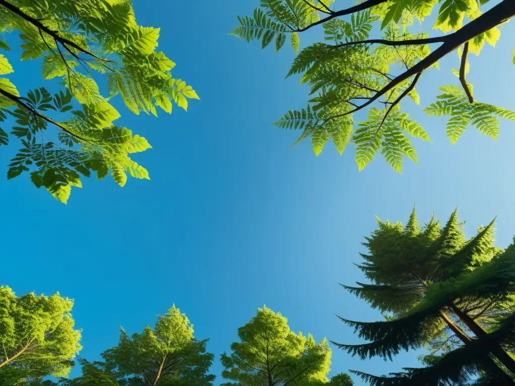 Un bosque exuberante con cielo azul, resaltando la relación entre medio ambiente y economía