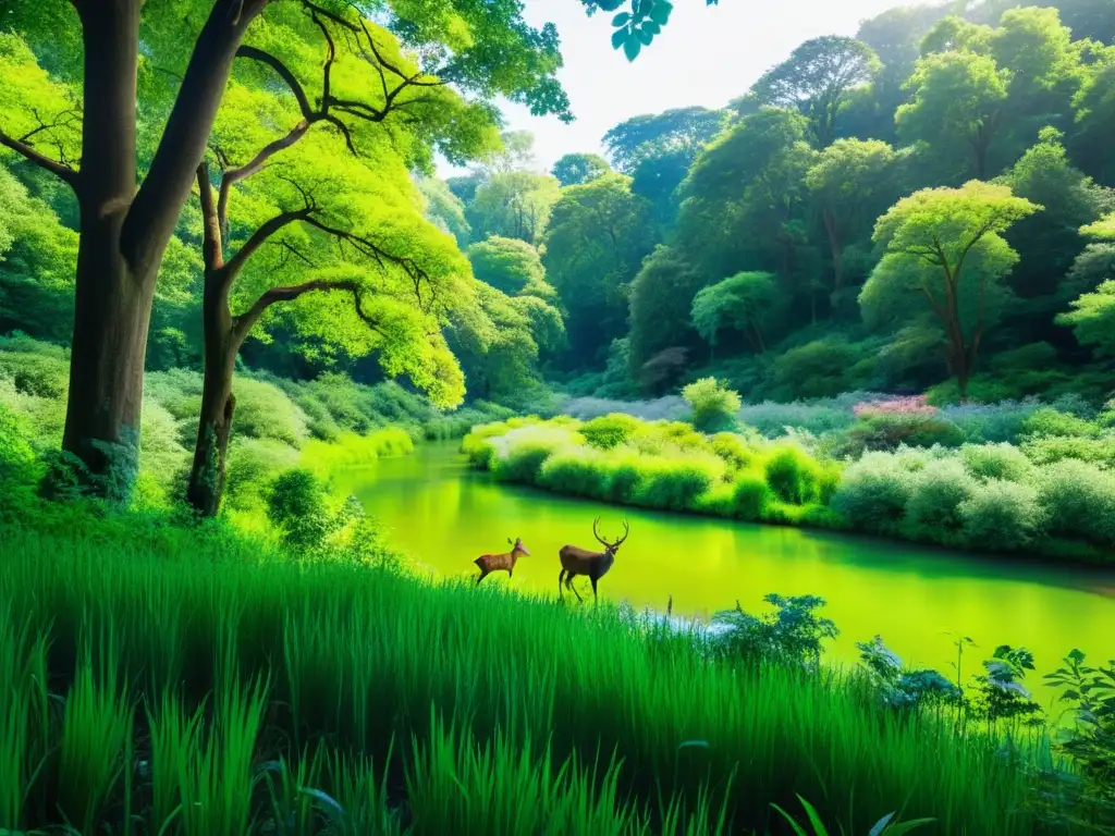 Bosque exuberante: diversidad natural y vida salvaje Un bosque exuberante con diversa vida silvestre y un arroyo claro