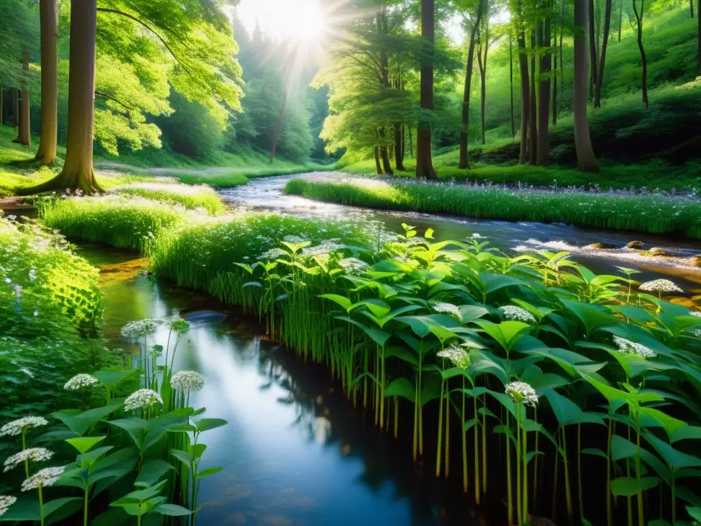 Un bosque exuberante con luz solar filtrándose a través de las hojas, reflejando tranquilidad y belleza natural